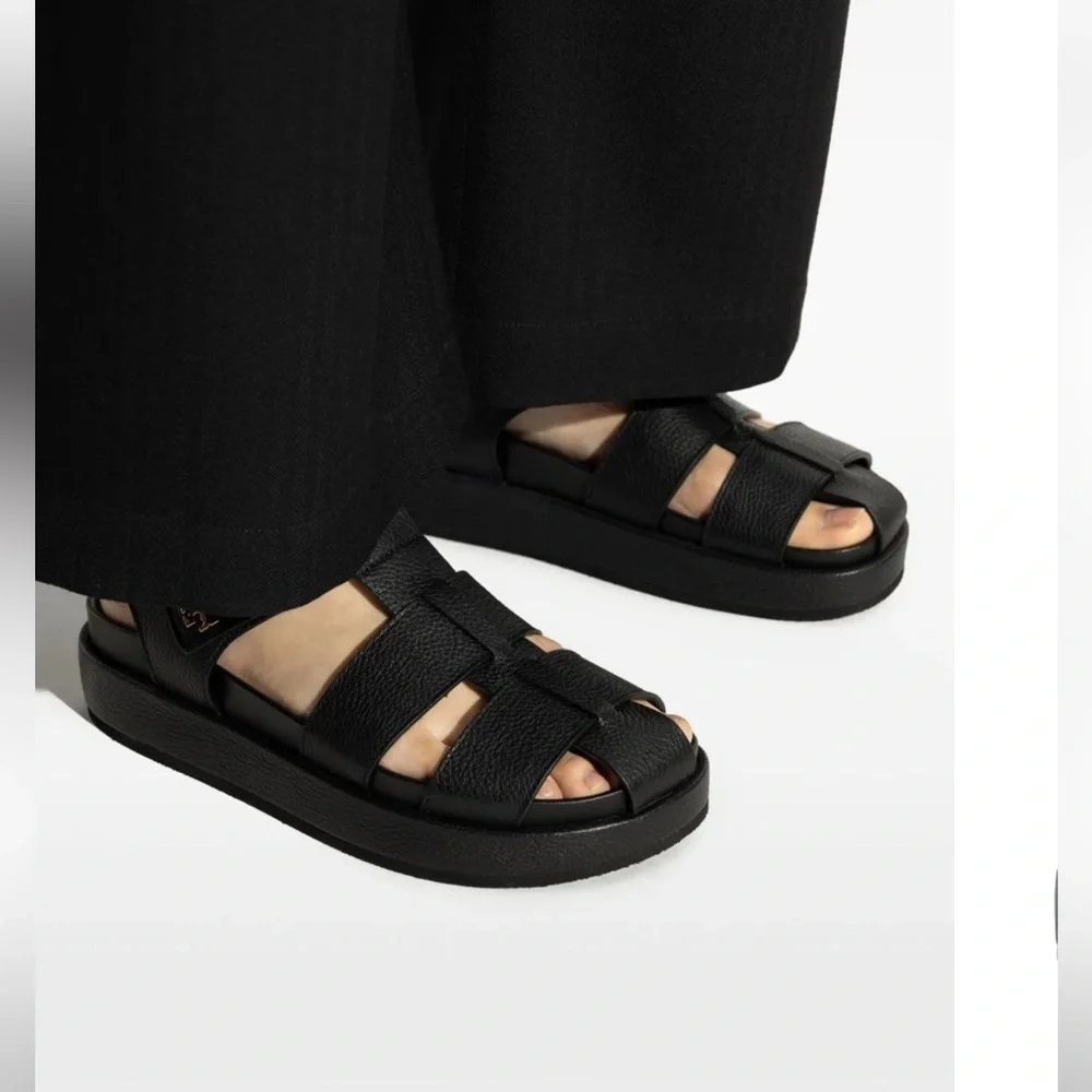 Tory Burch Black Fisherman Leather Sandals with Gold Logo